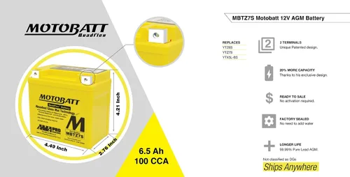 Vista 5 de MotoBatt Batería AGM sellada MBTZ7S de 12 voltios y 6.7 Ah sin mantenimiento