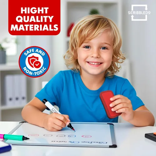 Vista 7 de SCRIBBLEDO Magnetic Dry Erase Erasers 2 Pack, Red and Blue, 2x4 Inch Whiteboard Eraser Set with Washable Soft Felt Pads, Comfortable Foam Grip Tops