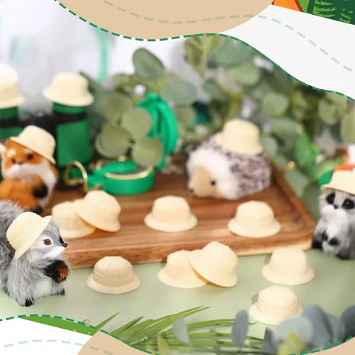 Vista 2 de Sratte Mini sombreros de safari en miniatura, explorador de la selva, sombrero de plástico para fiesta de safari, juguete para fiesta de aventuras