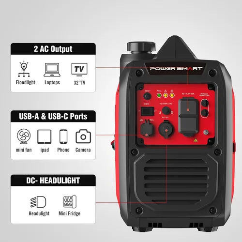 Vista 3 de PowerSmart Generador inversor portátil de 2500 vatios para acampar Rojo