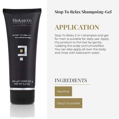 Vista 4 de SALERM - Gel y Champú 2 en 1 - Línea Stop To Relax Homme Barber - 3.4 fl oz - Para todo tipo de cabello y piel - Fragancia refrescante y relajante