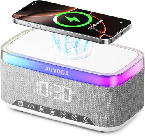 Vista 10 de Altavoz Bluetooth S300, altavoz portátil con carga inalámbrica de 15 W, luz nocturna de 13 colores, alarma, ruido blanco, radio, estéreo de 16 W
