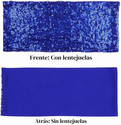 Vista 3 de Bandas elásticas de lentejuelas para silla de hotel, boda, recepción, fiesta, evento, decoración de silla de 4” x 16” Azul real