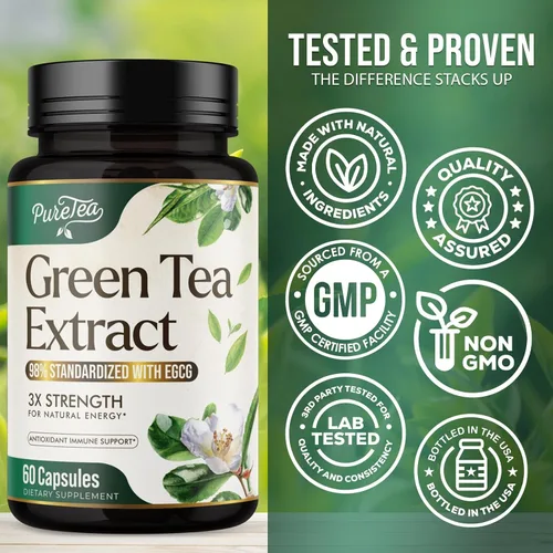 Vista 4 de PureTea - Píldoras de extracto de té verde de 1000 mg con EGCG – 98% de polifenoles estandarizados – Cápsulas de té verde de absorción 3X