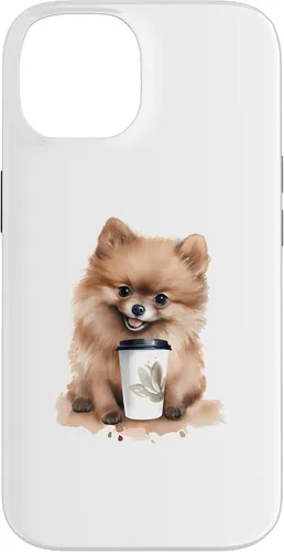 Vista 4 de iPhone 16 Pomerania perro con café estilo acuarela caso