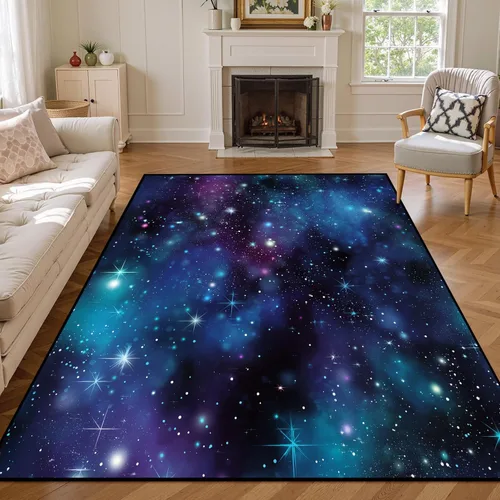 Vista 15 de Alfombra galaxia de 2 x 3 pies para habitación de niños, alfombra de cielo estrellado de pelo bajo, antideslizante, lavable, alfombra nebulosa