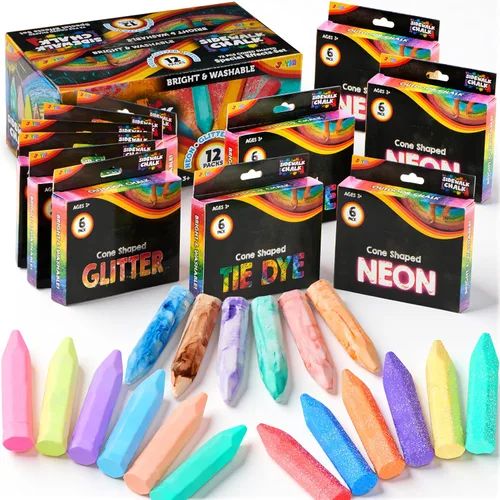 Vista 7 de JOYIN Juego de 36 tizas lavables para acera en 6 paquetes, 18 colores, incluyendo 12 teñido anudado, 12 purpurina y 12 tizas de color neón