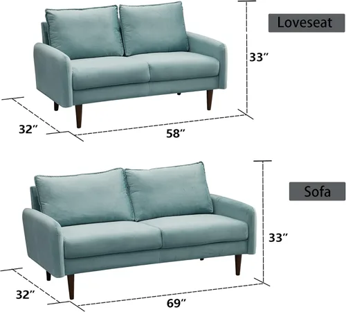 Vista 3 de INSTORY Sofá de dos plazas de terciopelo Sofá moderno de mediados de siglo con patas de madera para sala de estar - Cian