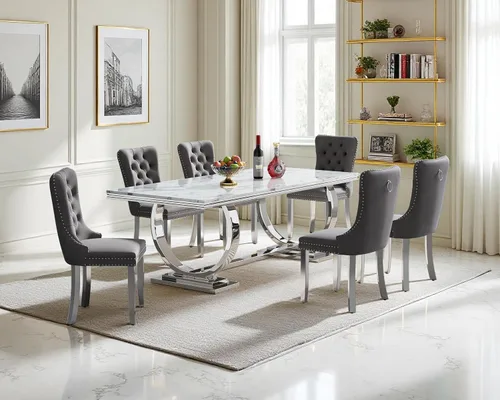 Vista 47 de Juego de mesa de comedor de 5 piezas para 4, mesa de cocina de mármol negro de 68 pulgadas con 4 sillas beige, mesa de comedor rectangular moderna