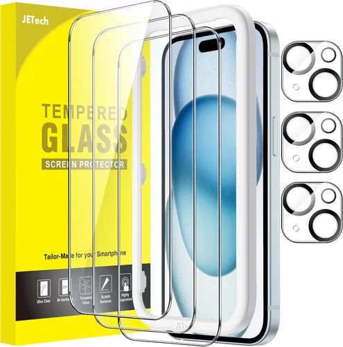Vista 8 de JETech Protector de pantalla para iPhone 15 de 6.1 pulgadas con protector de lente de cámara, sin burbujas, herramienta de fácil instalación