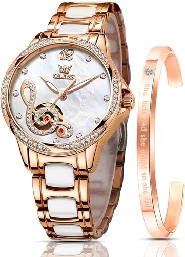 Vista 8 de OLEVS Relojes para mujer, de cuerda automática, oro rosa, diamante, reloj de pulsera mecánico automático, acero inoxidable, dos tonos, pulsera