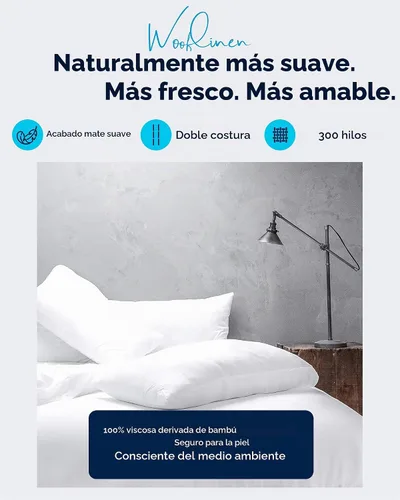 Vista 2 de Wooflinen Juego de sábanas 100% viscosa derivada de bambú, sedosas, suaves como la seda, funda de cama blanca mate con fundas de almohada