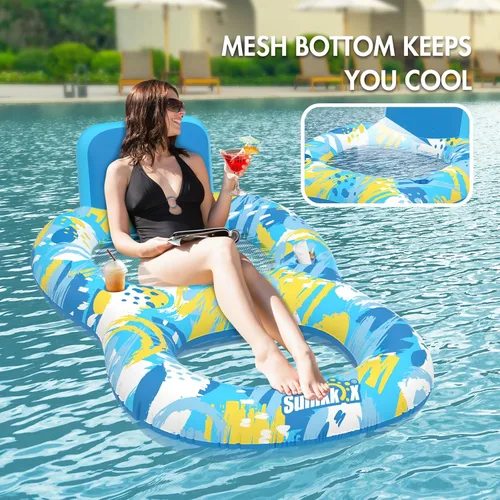 Vista 3 de Sunikko X Flotadores de piscina para adultos con respaldo y 2 portavasos, silla inflable de lujo, flotadores de silla de piscina divertidos
