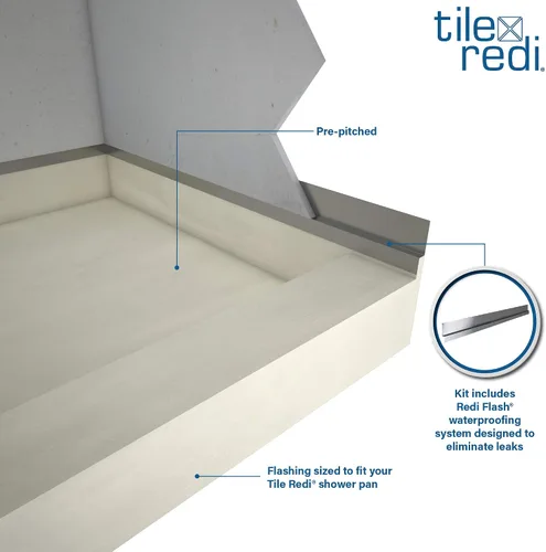Vista 7 de Tile Redi RT3048L-SQPC-RB30-KIT - Sartén y banco de ducha con drenaje izquierdo, base de ducha de un solo bordillo, banco, drenaje de PVC de 2 Cromo