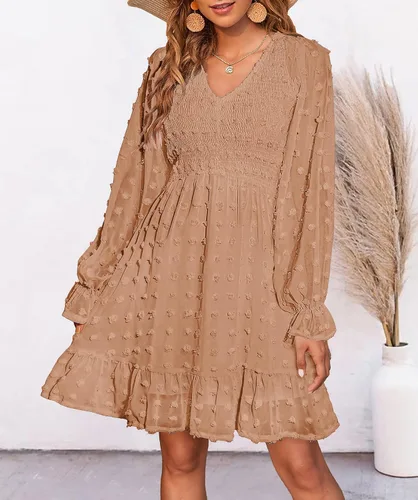 Vista 3 de BTFBM Vestido corto fruncido de manga larga con cuello en V para mujer, estilo casual, con volantes, mini babydoll para primavera y verano 2023