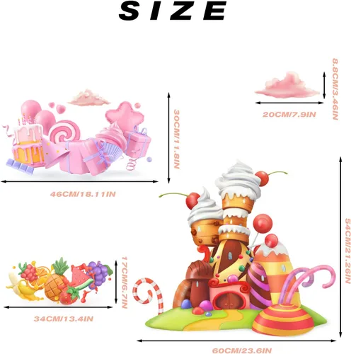 Vista 2 de Pegatinas de pared de castillo de helados y dulces Calcomanías removibles para tartas de frutas, decoración de fiesta de Navidad, guardería