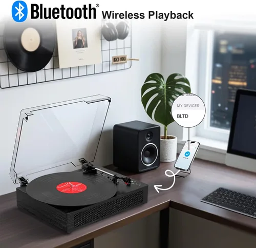 Vista 2 de Tocadiscos de vinilo Bluetooth con altavoces estéreo incorporados, transmisión por correa, tocadiscos de 3 velocidades para discos de vinilo