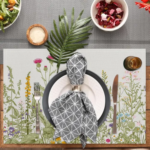 Vista 2 de Juego de 6 manteles individuales vintage con flores silvestres de 12 x 18 pulgadas, manteles individuales de tela de lino con plantas de jardín