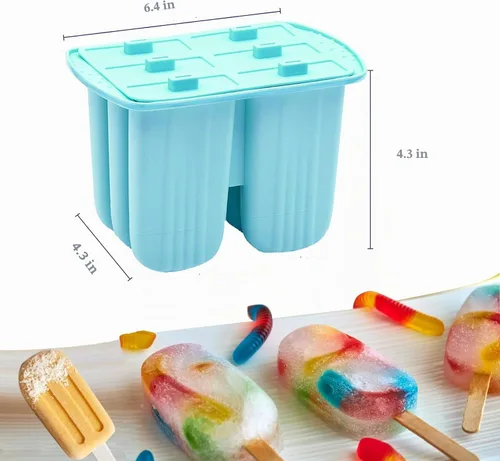 Vista 4 de Moldes de silicona para paletas con palillos, 6 cavidades, molde para helado con cepillo limpio, 6 palitos reutilizables, 50 palitos, 50 bolsas Azul