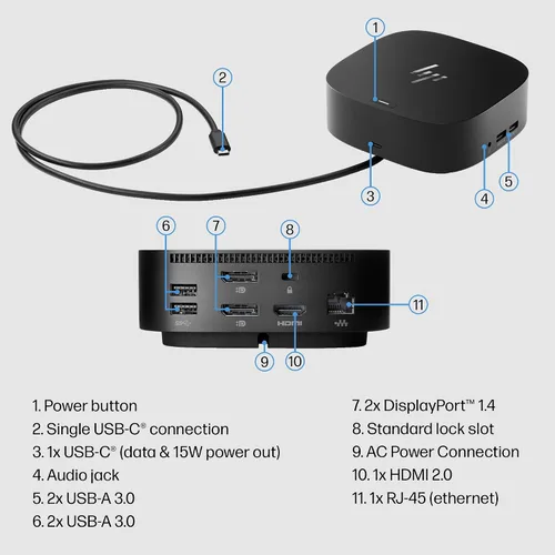 Vista 7 de HP USB-C Dock G5 - Adaptador 11-en-1 para portátiles, PC y notebooks con USB-C y Thunderbolt - Un solo cable para carga, red o transferencia