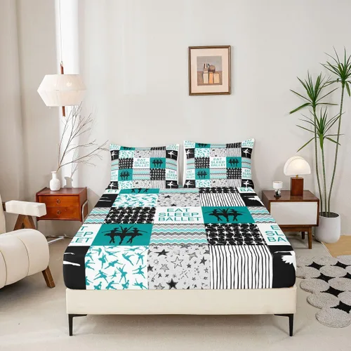 Vista 4 de Sábana bajera ajustable de ballet para niñas, juego de ropa de cama de ballet para danza de ballet, sábanas de cama con rayas geométricas onduladas