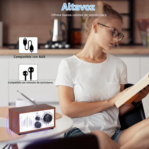 Vista 4 de Altavoz Bluetooth AM FM de madera vintage con enchufe de pared, diseño elegante y retro, altavoz Bluetooth con entrada auxiliar, conector