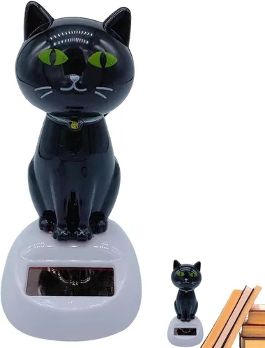 Vista 8 de Cabeza de gato con energía solar, bonita decoración de baile para tablero de automóvil, interior y adornos de escritorio Negro