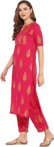 Vista 3 de Janasya Conjunto de túnica de algodón Kurti para mujer (SET025-KR-SP-XL) Rosa, Rosado