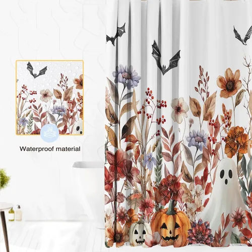 Vista 5 de Lindameler Cortina de ducha de Halloween para baño, cortina de ducha espeluznante con diseño floral de calabaza, fantasma, para decoración