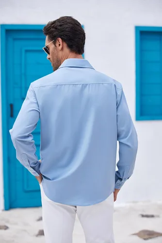 Vista 3 de COOFANDY Men's Cuban Guayabera Shirts Casual Button Down Long Sleeve Beach Shirt