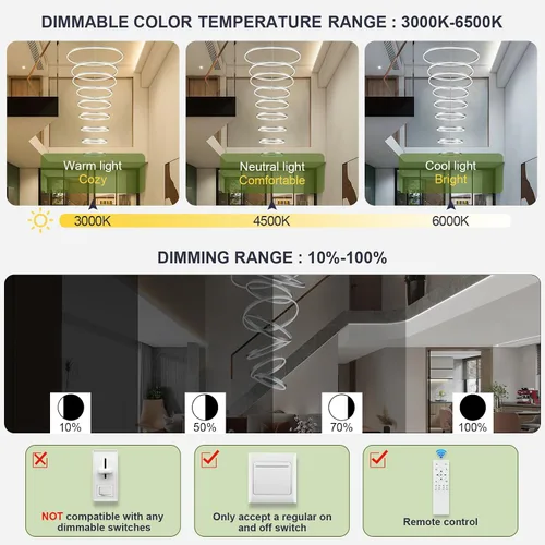 Vista 26 de Benkut Lámpara de Araña de Anillo LED Moderna Negra para Comedor, Lámpara de Araña de Techo Circular Empotrada Regulable con Control Remoto