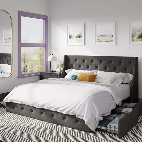 Vista 8 de HOOMIC Base de cama de plataforma tapizada completa con 4 cajones de almacenamiento y cabecera con respaldo de ala, diseño capitoné, fácil montaje