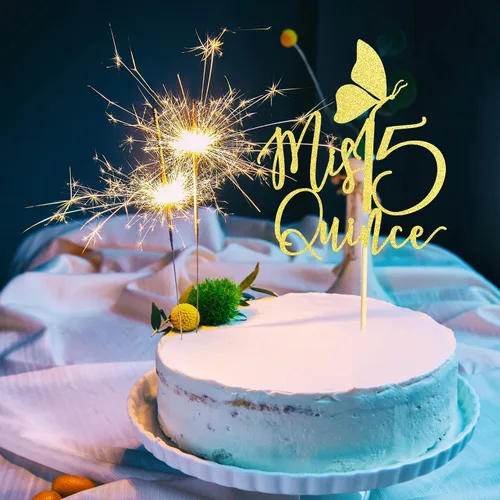 Vista 4 de Decoración para pastel de membrillo Mis Quince años, decoraciones de cumpleaños de 15 años con mariposa, feliz 15 años, regalo de fiesta