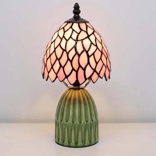 Vista 3 de Tiffany Stained Glass Mushroom Table Lamp 12.5 Inch -Pink Leaf Tiffany Lamp,6X6X12.5 Inch,Small Night Light,Ceramic Base, Mini Accent Light