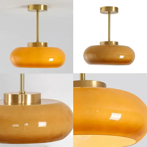 Vista 8 de Lámpara de techo semiempotrada de cristal, moderna cerca del techo, pantalla de cristal de cúpula naranja de 11 pulgadas, lámpara de techo dorada