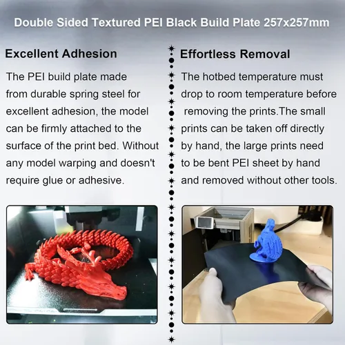 Vista 4 de IdeaFormer-3D Placa de construcción de doble cara negra PEI para Bambu Lab X1/X1C/X1E/P1P/P1S/P2S/A1, lámina de acero para muelles flexible