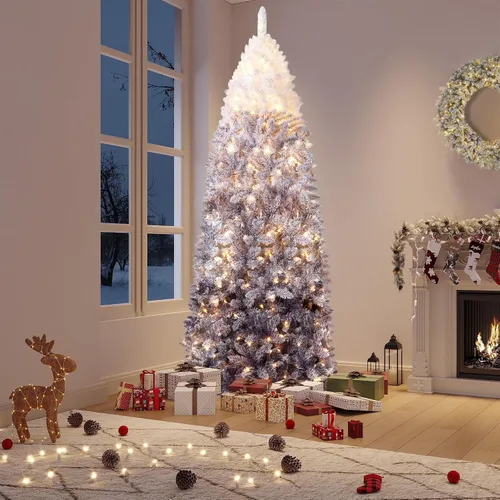 Vista 10 de Árbol de Navidad de lápiz flocado de nieve de 6 pies con degradado azul, árbol de Navidad artificial delgado en soporte de metal resistente