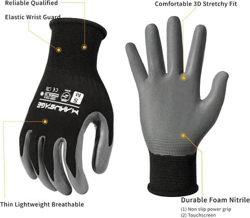 Vista 2 de MANUSAGE Guantes de trabajo de seguridad - Guante protector para hombres y mujeres - Protección de mano ultradelgada - Para construcción Negro