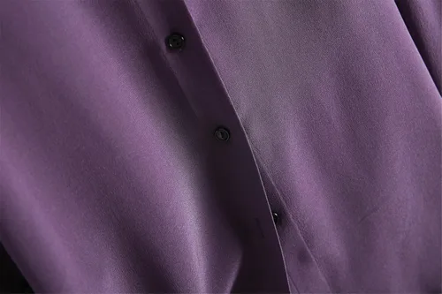 Vista 3 de Camisa de manga larga 100 seda real para mujer cuello abatible blusa morada Morado XL