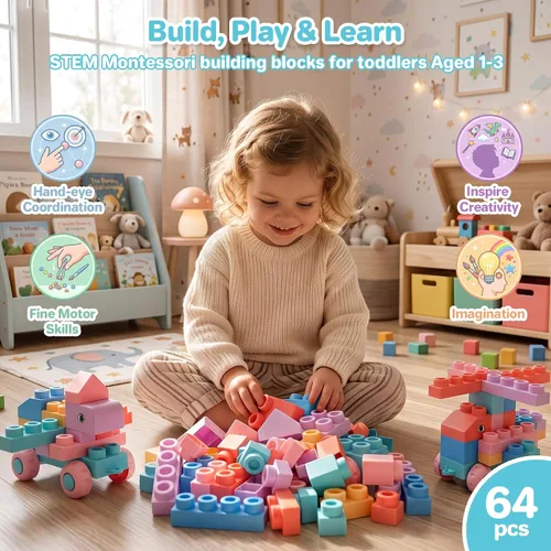 Vista 3 de Bloques de construcción suaves de 64 piezas para niños pequeños de 1 a 3 Colores Macaron