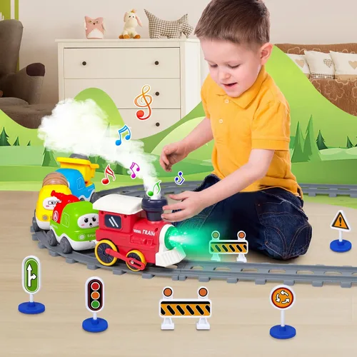 Vista 3 de Juego de Tren Eléctrico para Niños Pequeños de 3-5 4-8 con Pistas de Tren, Luces, Señal de Vapor, Música Realista, Sonido, Conexión Magnética
