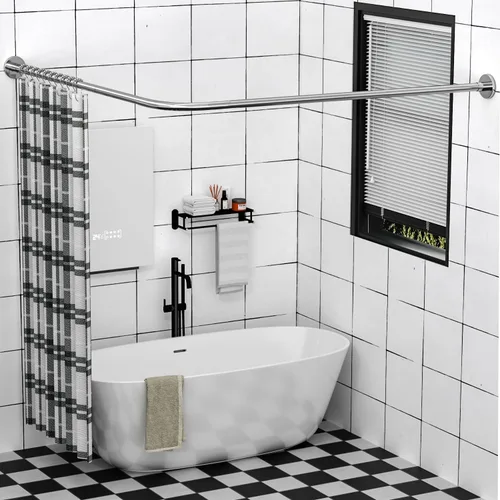 Vista 9 de Barra extensible de cortina de ducha en esquina de bañera en forma de L de acero inoxidable 304, instalación sin taladro, para baño, tienda de ropa