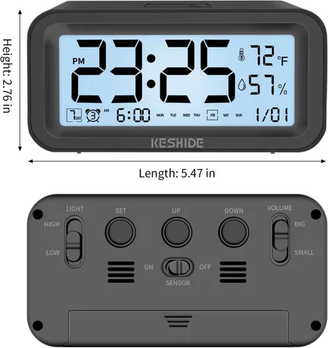 Vista 2 de Reloj despertador digital con luz nocturna, funciona con pilas, con temperatura interior y humedad, reloj pequeño de escritorio, modelo con función