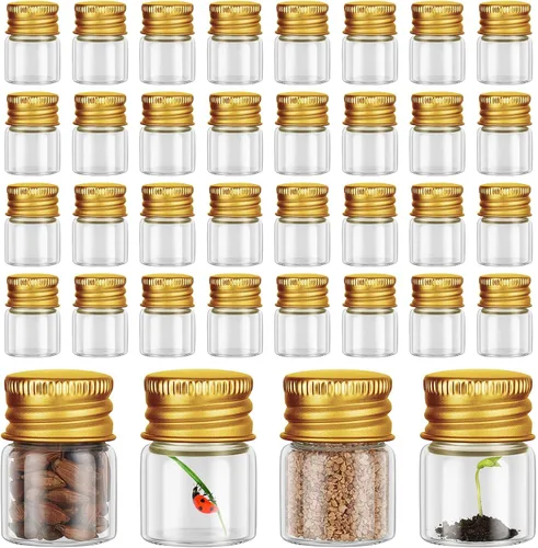 Vista 11 de Tessco for you 100 piezas botellas de vidrio mini de 5 ml (0.17 onzas líquidas) con tapa de aluminio, frascos pequeños, frascos de vidrio mini Dorado