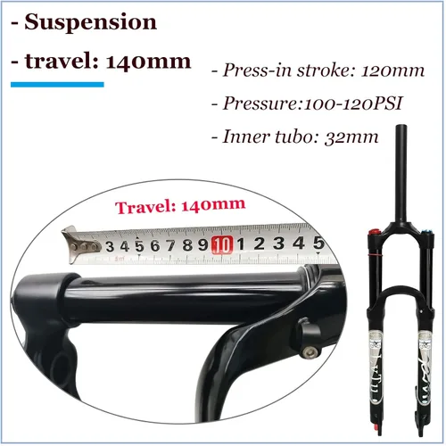 Vista 3 de Bicicleta de montaña suspensión neumática horquilla delantera 26 27.5 29 pulgadas 5.512 in rebote de viaje ajuste horquillas QR 0.354 in negro