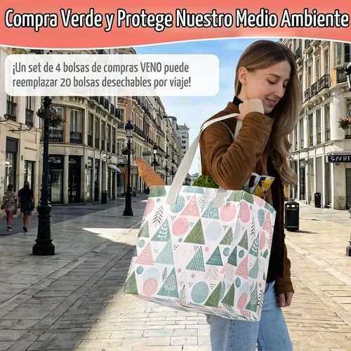 Vista 7 de VENO Paquete de 4 bolsas de comestibles reutilizables de Navidad, bolsas de compras resistentes con asas, para carrito de compras con parte inferior