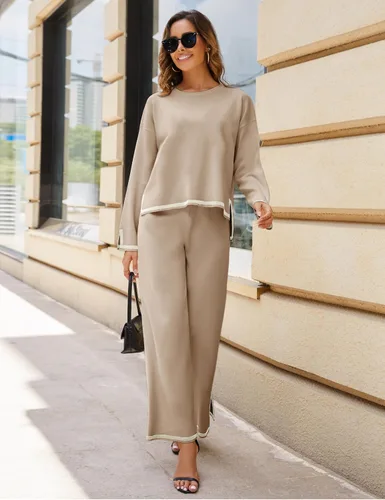 Vista 4 de Himosyber Conjunto de suéter de 2 piezas para mujer, sudadera de punto sin botones y pantalones deportivos