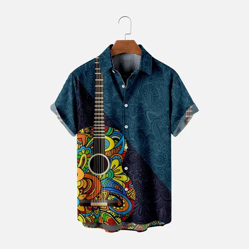 Vista 4 de Camisas hawaianas de bolos para hombre, manga corta, cuello con bandas, botones y bolsillos, camisas de guayabera cubana