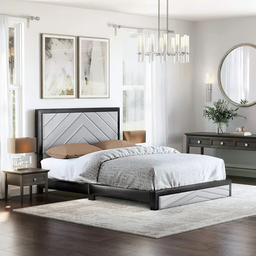 Vista 11 de Beaumont - Cama de plataforma tapizada con cabecero, base de colchón con 14 soportes de listones de madera, no requiere somier, piel sintética