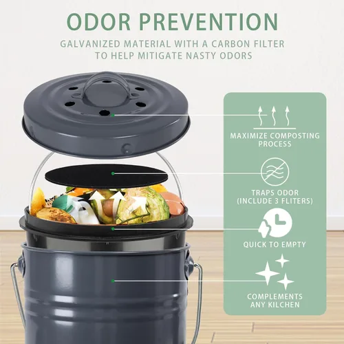 Vista 2 de Vipush Contenedor de compostaje para encimera de cocina compostador con tapa, contenedor pequeño de compost, incluye forro interior de cubo de abono